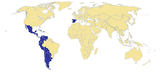 A map showing Spanish-speaking countries that you would want to target with language targeting.