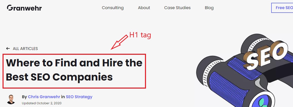 An example of an H1 tag on the front-end of a web page in the title of a blog post.