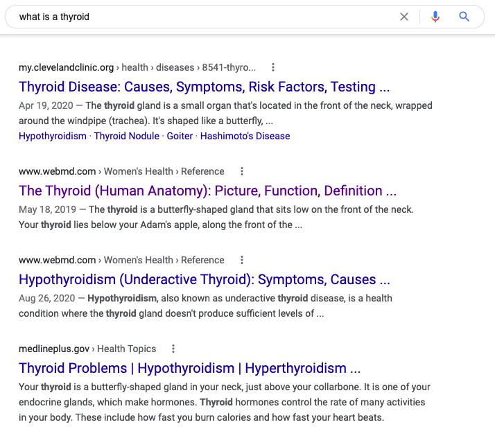 A Google SERP for "What is a thyroid."