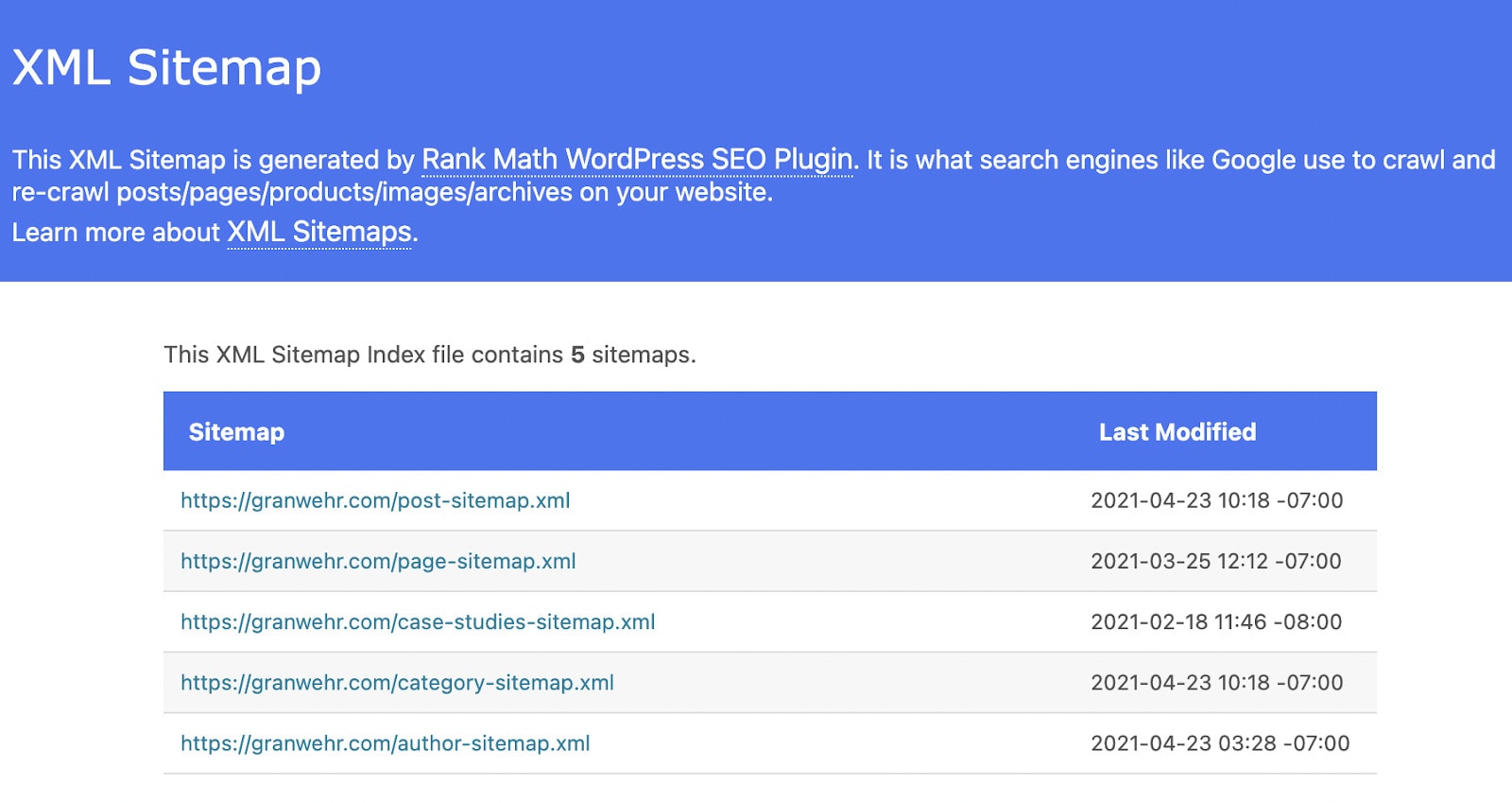 XML sitemap of the Granwehr site showing links to all pages.