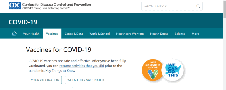 The screenshot shows CDC's COVID-19 vaccine's pillar page.