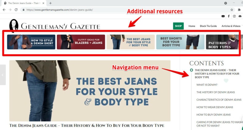 The screenshot shows an example of Gentleman Gazette's pillar page.