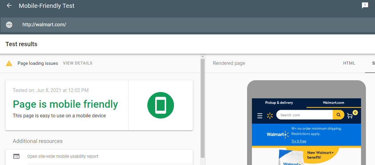 A screenshot of the Google Mobile-Friendly test for the walmart.com website.