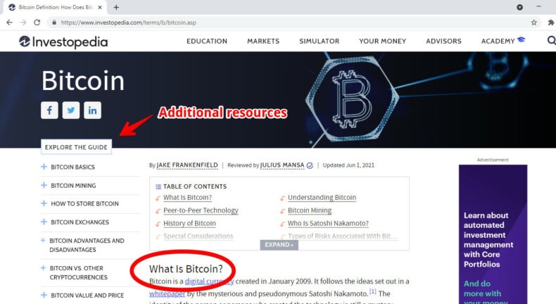 The screenshot shows an example of investopedia's pillar page for Bitcoin. 