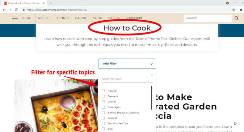The screenshot shows an example of a how to cook guide from Taste of Home. 