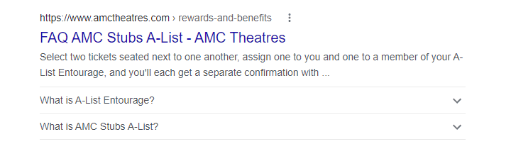The screenshot shows AMC Theaters' frequently asked questions rich snippet.
