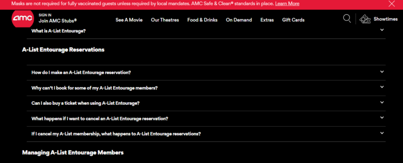 The screenshot shows AMC Theaters' FAQ page.