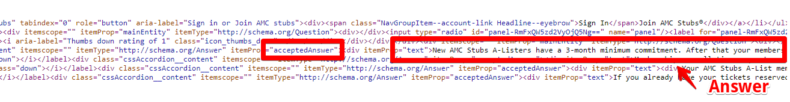 The screenshot shows AMC Theaters' frequently asked questions source code.