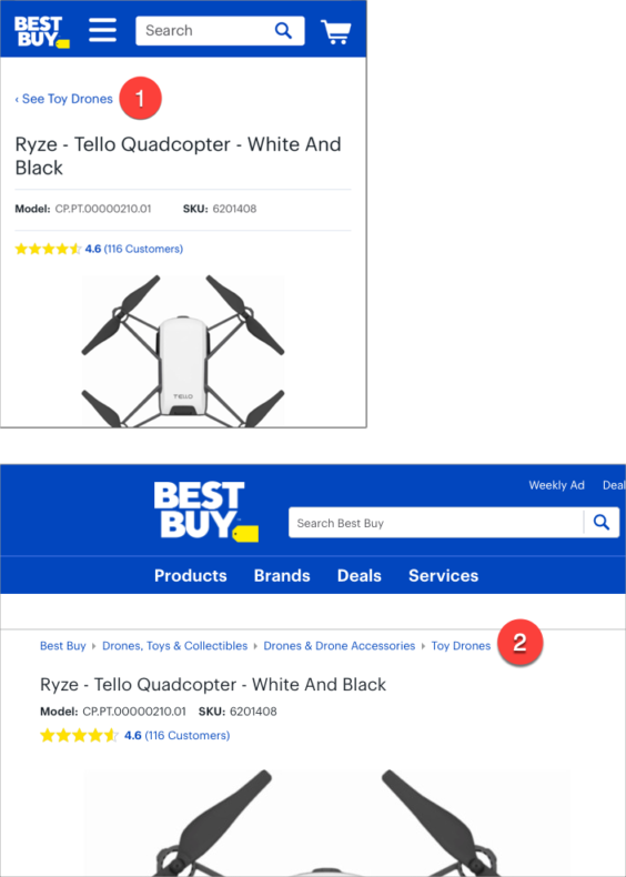 The screenshows how BEST BUY uses breadcrumbs on their web page.