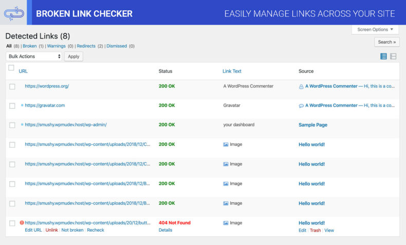 The screenshot shows the dashboard of Broken Link Checker.