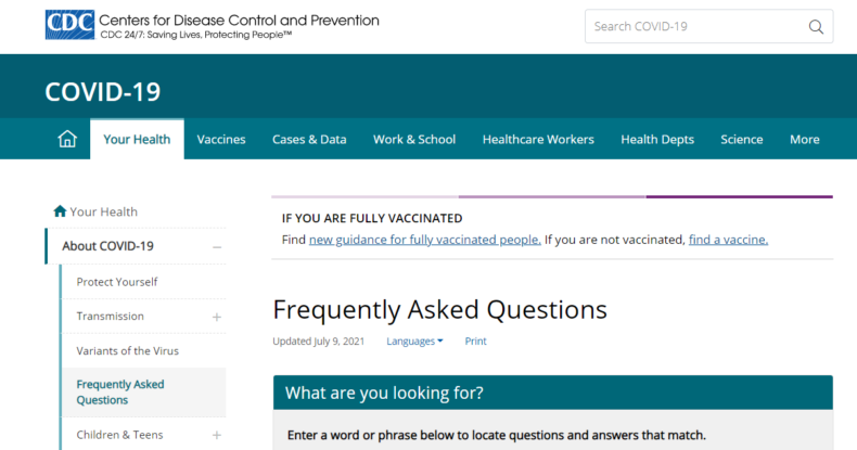 The screenshot shows the COVID-19's frequently asked questions example on the CDC website.