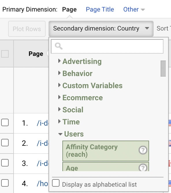 This screenshot shows the google analytics primary dimensions. 