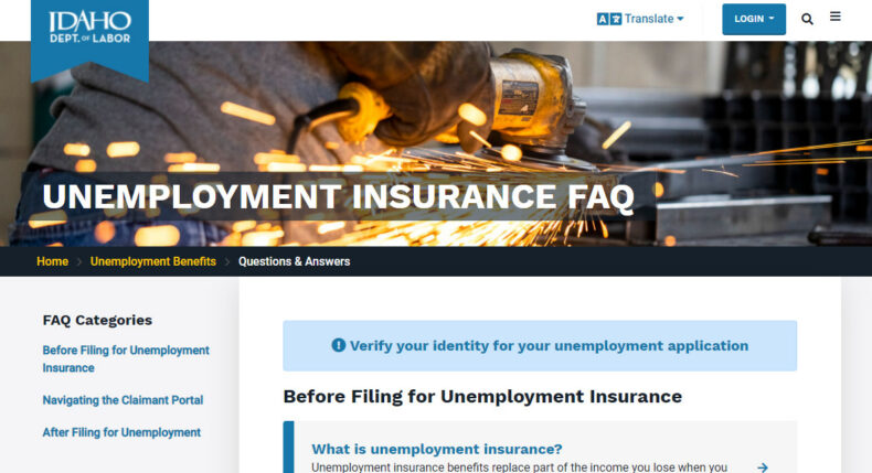 The screenshot shows Idaho Department of Labor's frequently asked questions page.