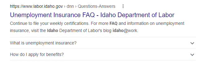 The screenshot shows Idaho Department of Labor's frequently asked questions rich snippet.