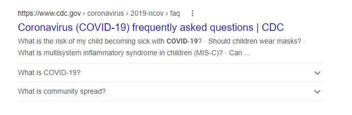 The screenshot shows CDC website's frequently asked questions rich snippet. 