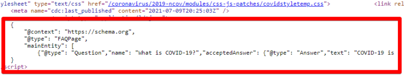 The screenshot shows CDC website's COVID-19 FAQ schema markup.