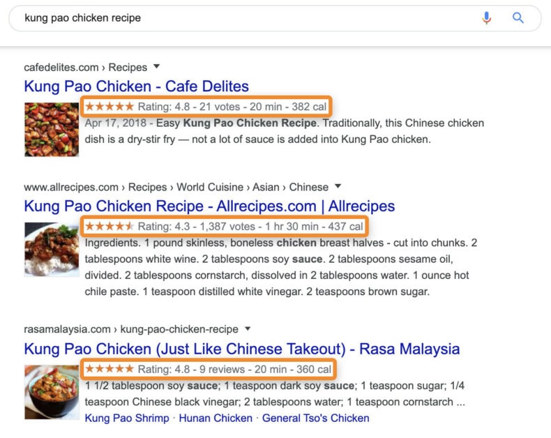 The screenshot shows examples of schema rich snippets. 