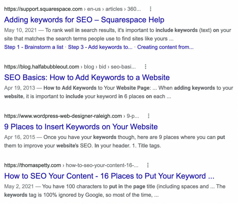 This screenshot shows the data that users can see on a Google search engine results page. 