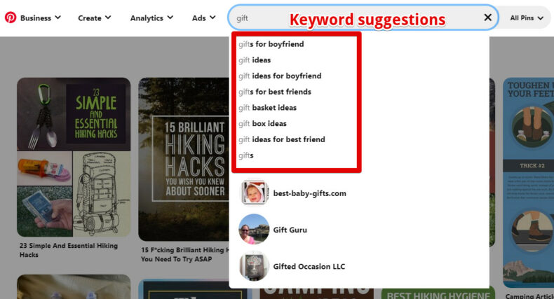 A screenshot showing how Pinterest keyword suggestions work.