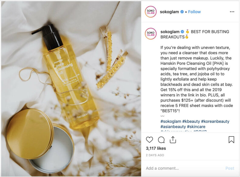 The screenshot shows how brands use detailed captions on Instagram to improve Instagram SEO.