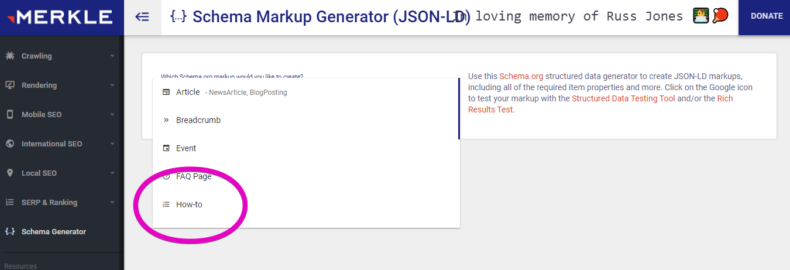 The screenshot shows the Merkle schema markup generator.