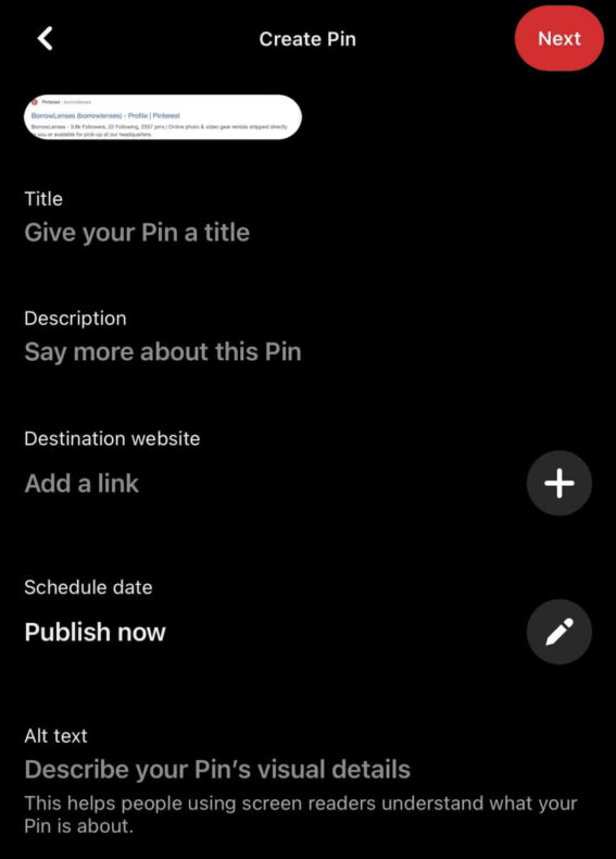 The screenshot shows how to create a pin on Pinterest.