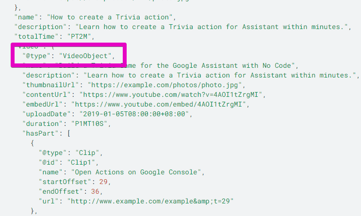 The screenshot shows JSON-LD code for VideoObject property.