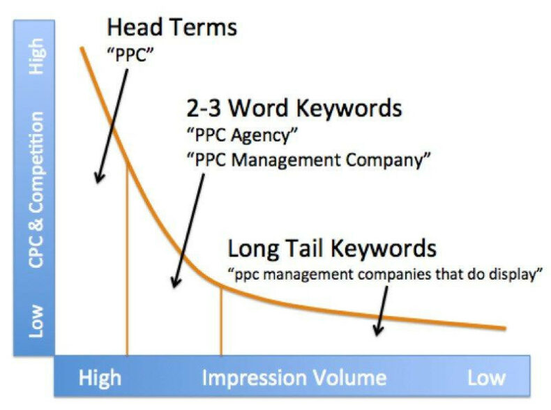 The image shows a line graph of how head terms have higher search volume and higher traffic potential. 