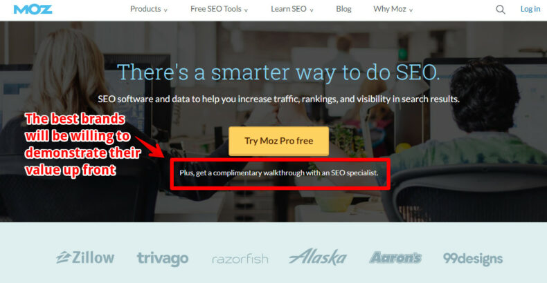 The screenshot shows how MOZ demonstrates their value up front.