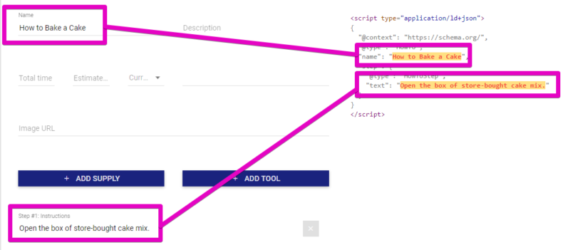 The screenshot shows the Merkle schema markup generator input.