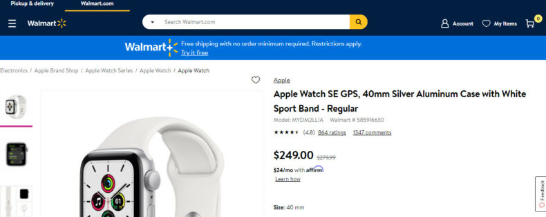 The screenshot shows the product page for Apple Watch. 