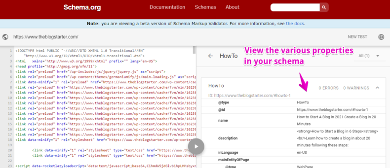 The screenshot shows various properties of Schema.