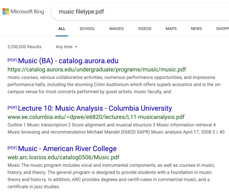The image shows Bing search operators for filetype. 