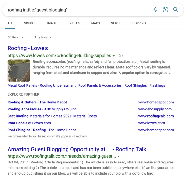This screenshot shows Bing search operators for guest blogging.