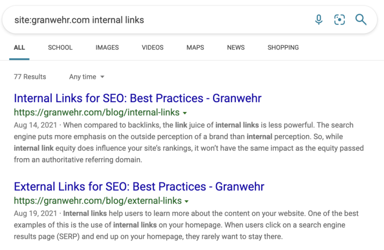 This image shows Bing search operators for internal links.
