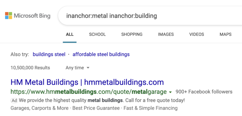 The screenshot shows inanchor Bing search operators. 
