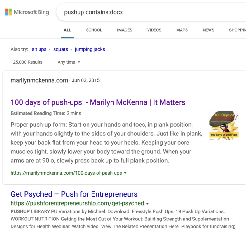 The image shows Bing search results for articles containing the word pushup.