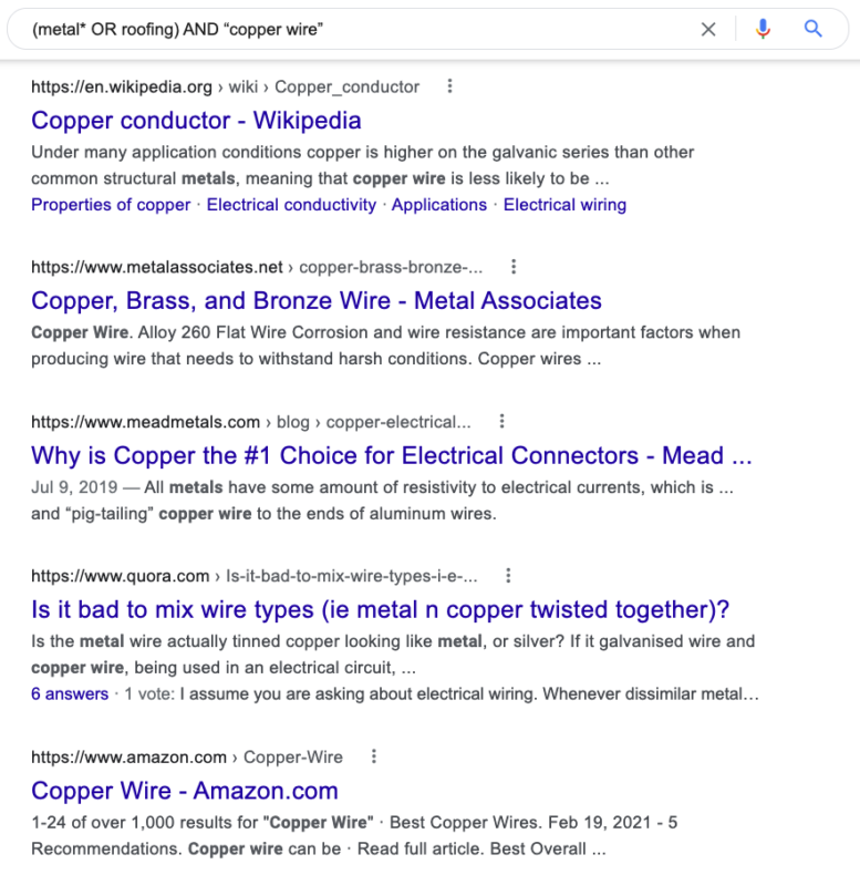 The screenshot shows Bing Search operators for quotation marks. 