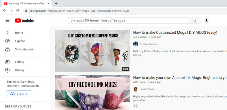 Using the OR YouTube search operator to find videos about DIY mugs or coffee cups.