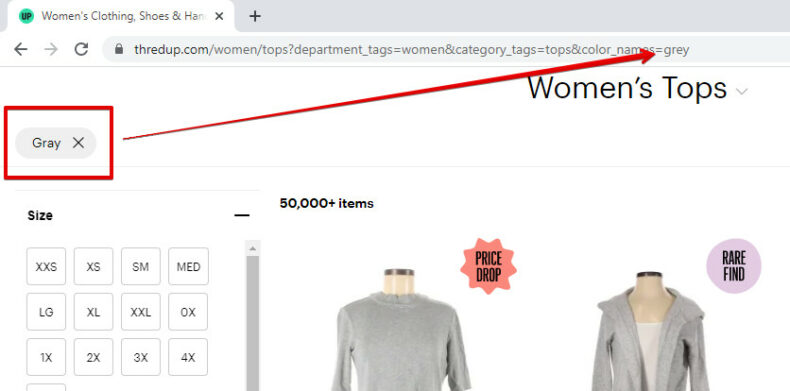 The screenshot shows a gray product on an ecommerce website.