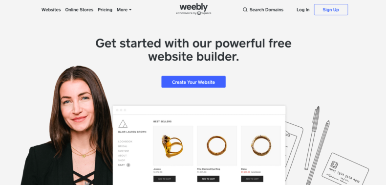 The screenshot shows the weebly home page.
