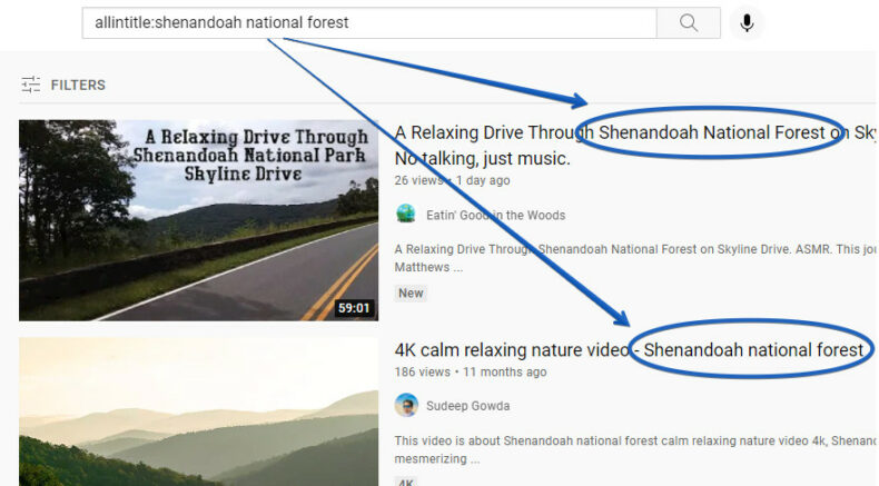 Using the advanced YouTube search operator "allintitle" to find videos with multiple keywords, "shenandoah national forest," in the title.