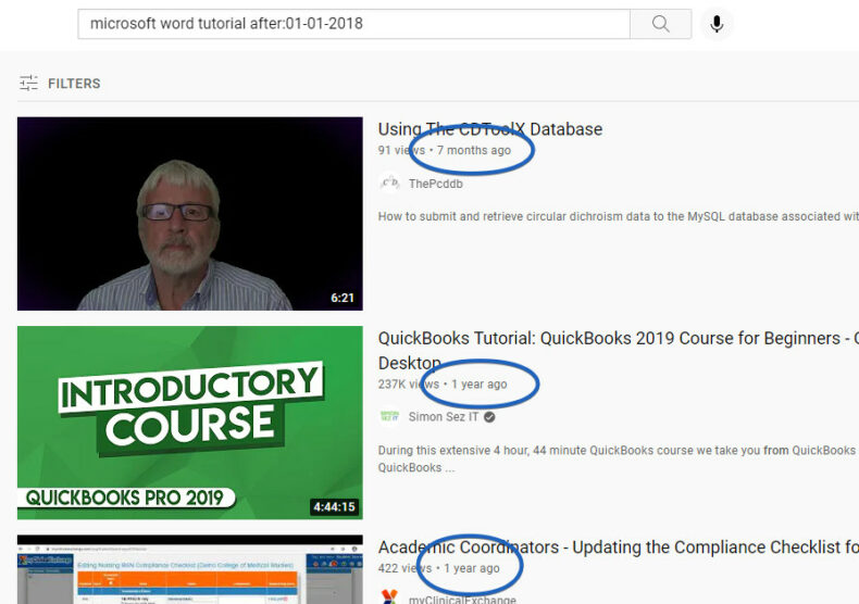 Using the advanced YouTube search operator "after" to find Microsoft word tutorials uploaded after a certain date.
