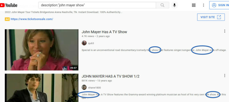 Using the "description" YouTube search operator to search YouTube video descriptions.