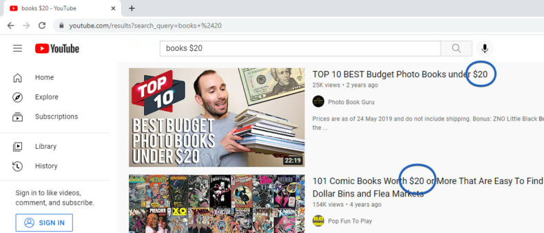 Using the advanced YouTube search operator, $, to find videos about books that are $20.