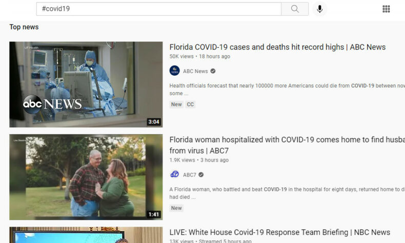 Using the pound sign YouTube search operator to find videos hashtagged with "covid19."