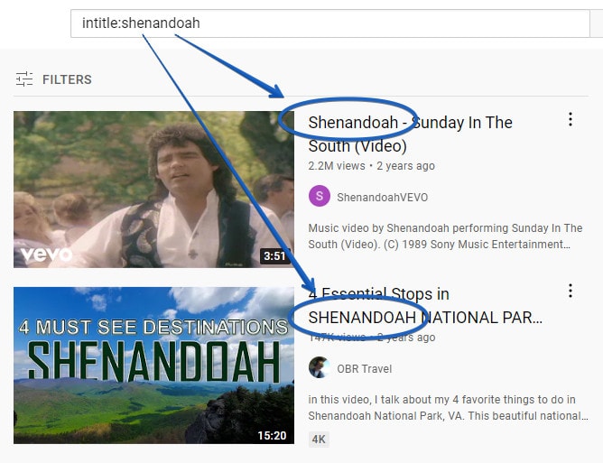 Using the YouTube search operator "intitle" to find videos with the word "Shenandoah" in the title. 