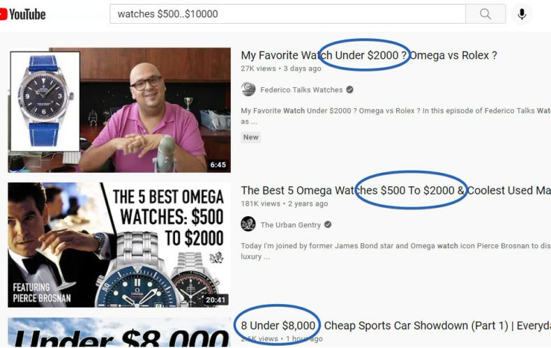 Using the number range YouTube search operator to find videos about watches between 500 and 1,000 dollars.
