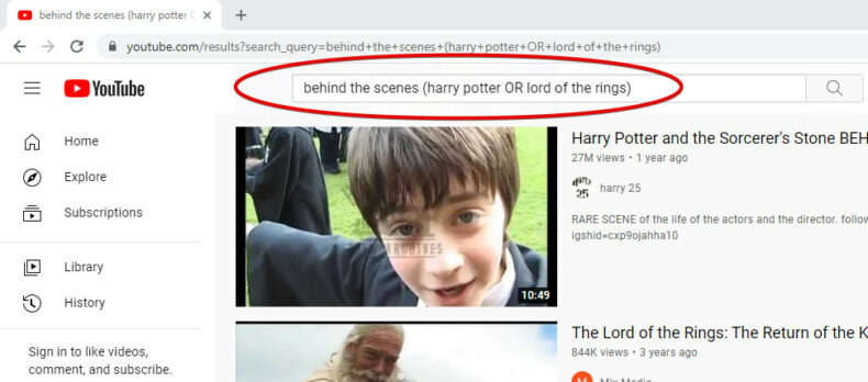 Using the YouTube search operator "or" and parentheses to find behind-the-scenes videos about Harry Potter or lord of the rings)
