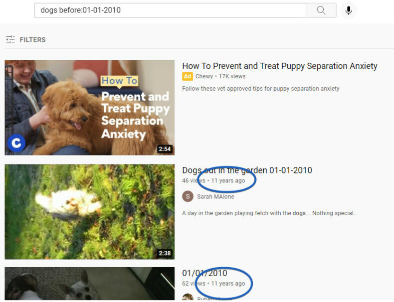 Using the YouTube search operator "before" to find videos uploaded before a certain date.